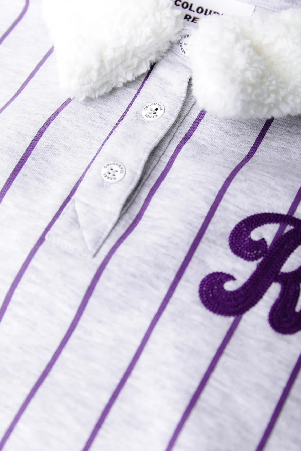 Baseball Striped Collar Sweat | Light Grey Melange / Lilac - Image 2