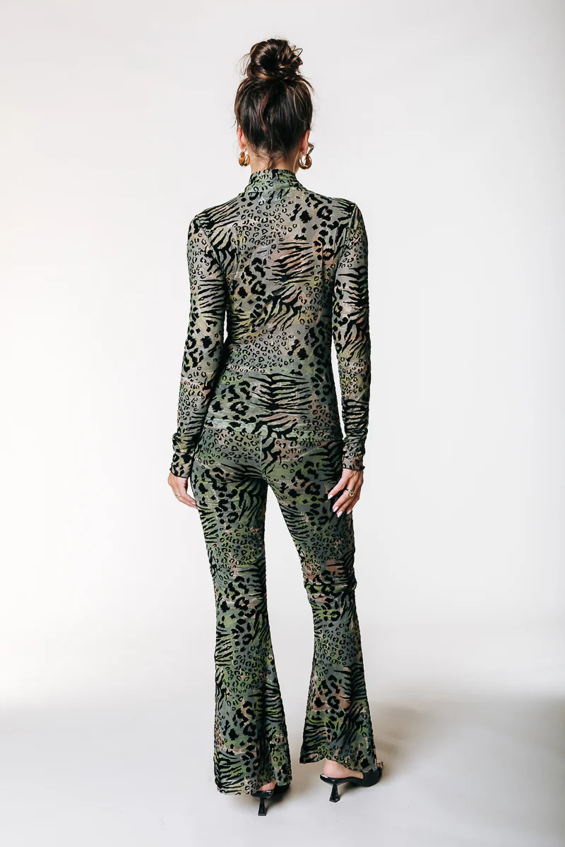 Leopard Flock Mesh Flare Pants | Army - Image 3