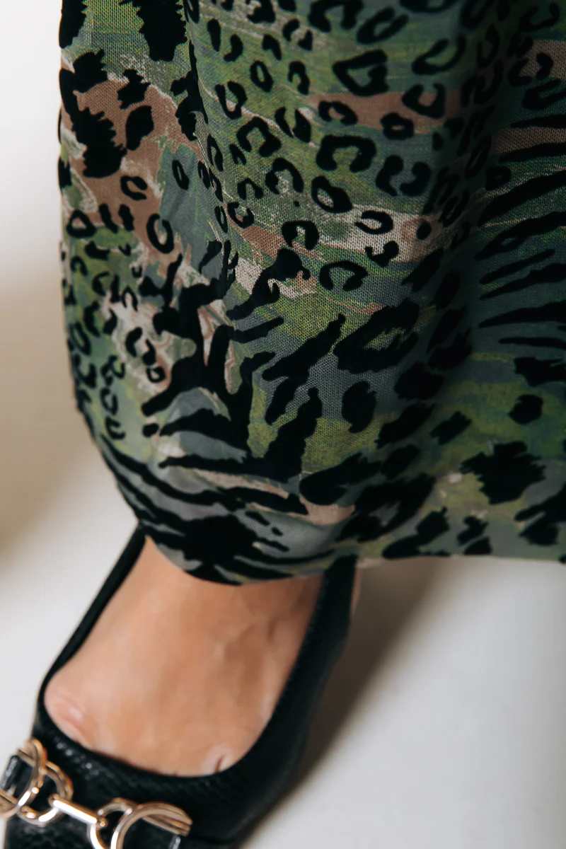 Leopard Flock Mesh Flare Pants | Army - Image 4