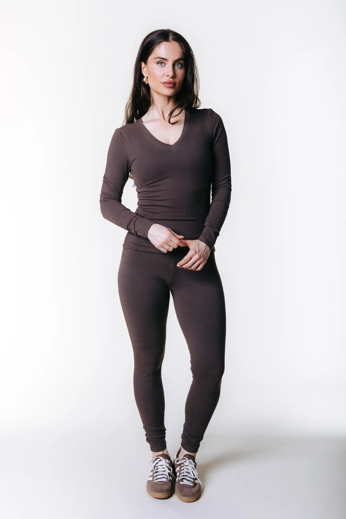 Fitted Longsleeve V-neck Top | Brown - Image 2