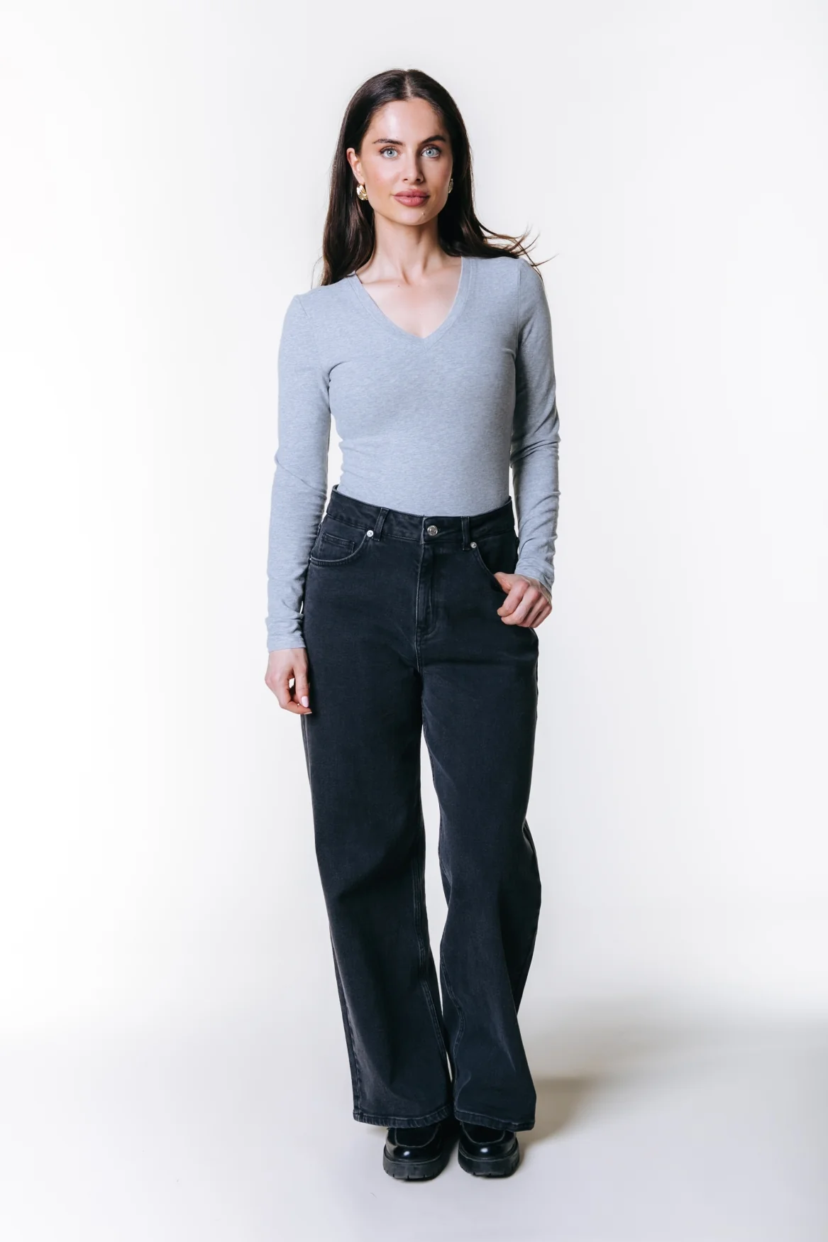 Fitted Longsleeve V-neck Top | Medium grey melange - Image 3